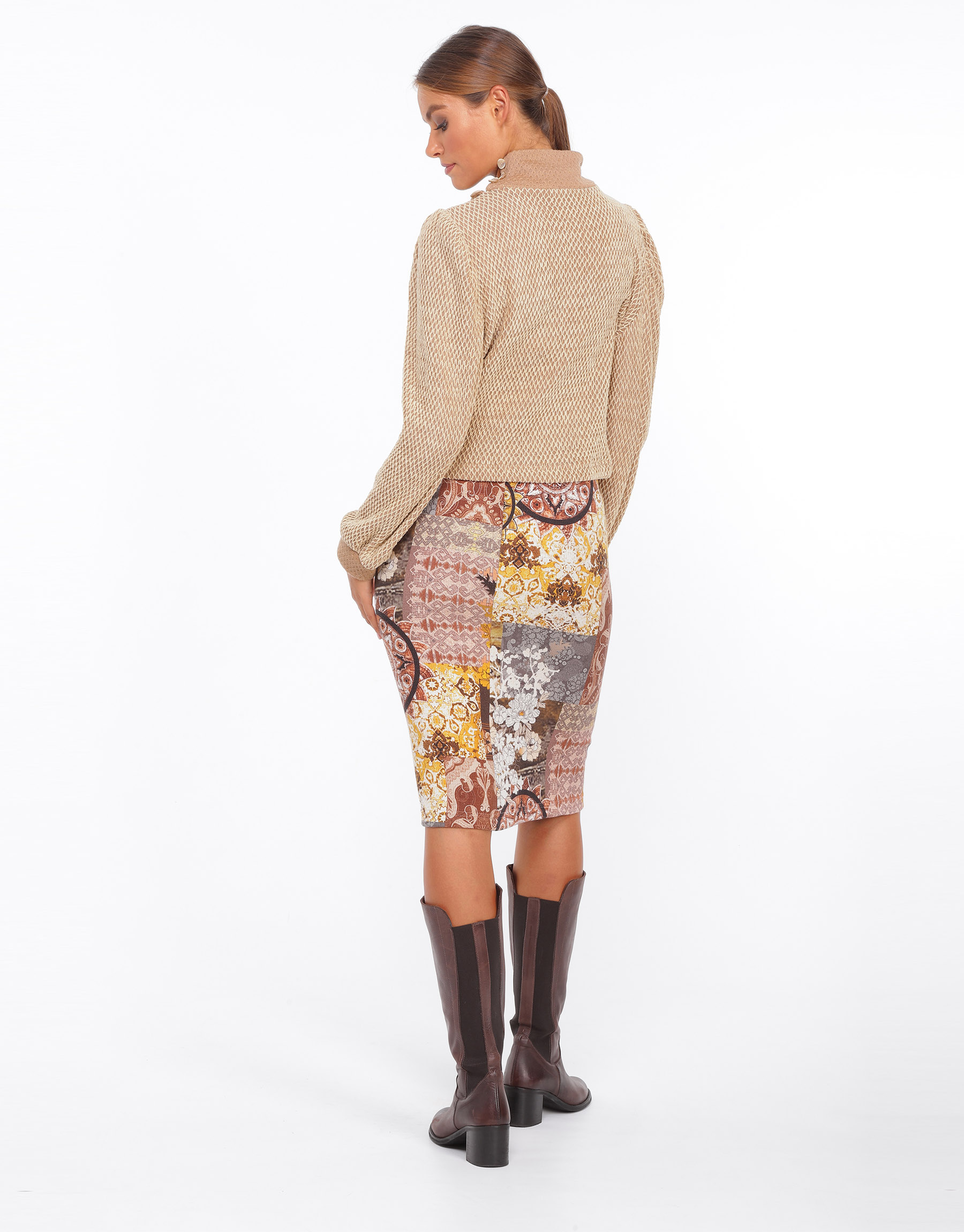 High-waisted pencil skirt in patchwork printed jersey